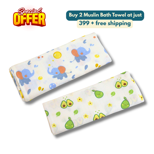 Elephant & Avacado 100% Organic Muslin Baby Bath Towel (100 × 70 cm, Pack of 2)