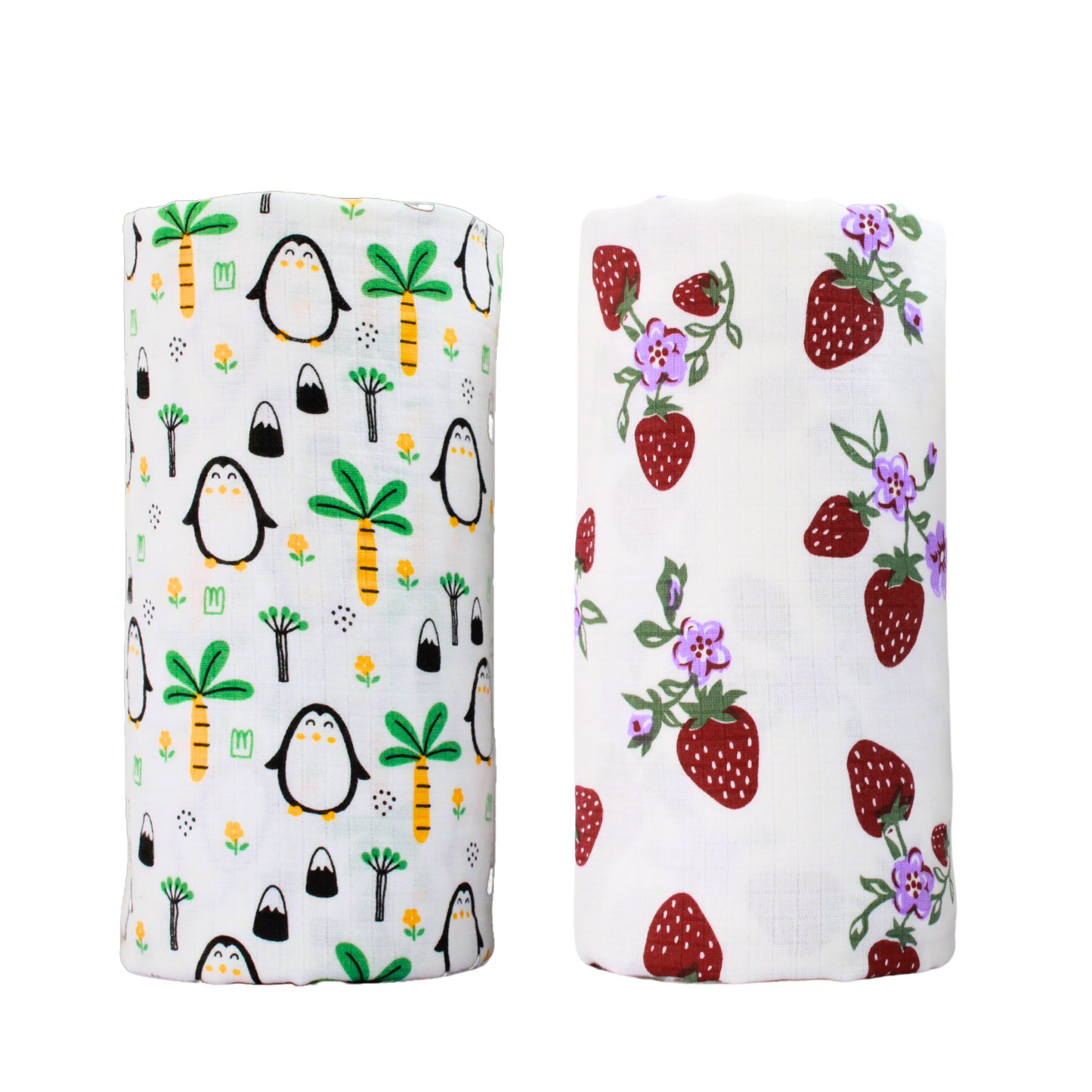 penquin & Strawberry Printed Organic & Cotton Swaddles Pack of 2, 100 x 100 cm