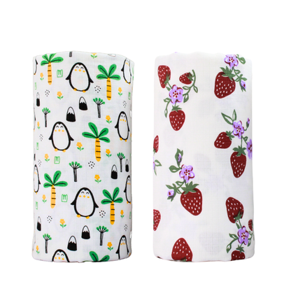 penquin & Strawberry Printed Organic & Cotton Swaddles Pack of 2, 100 x 100 cm