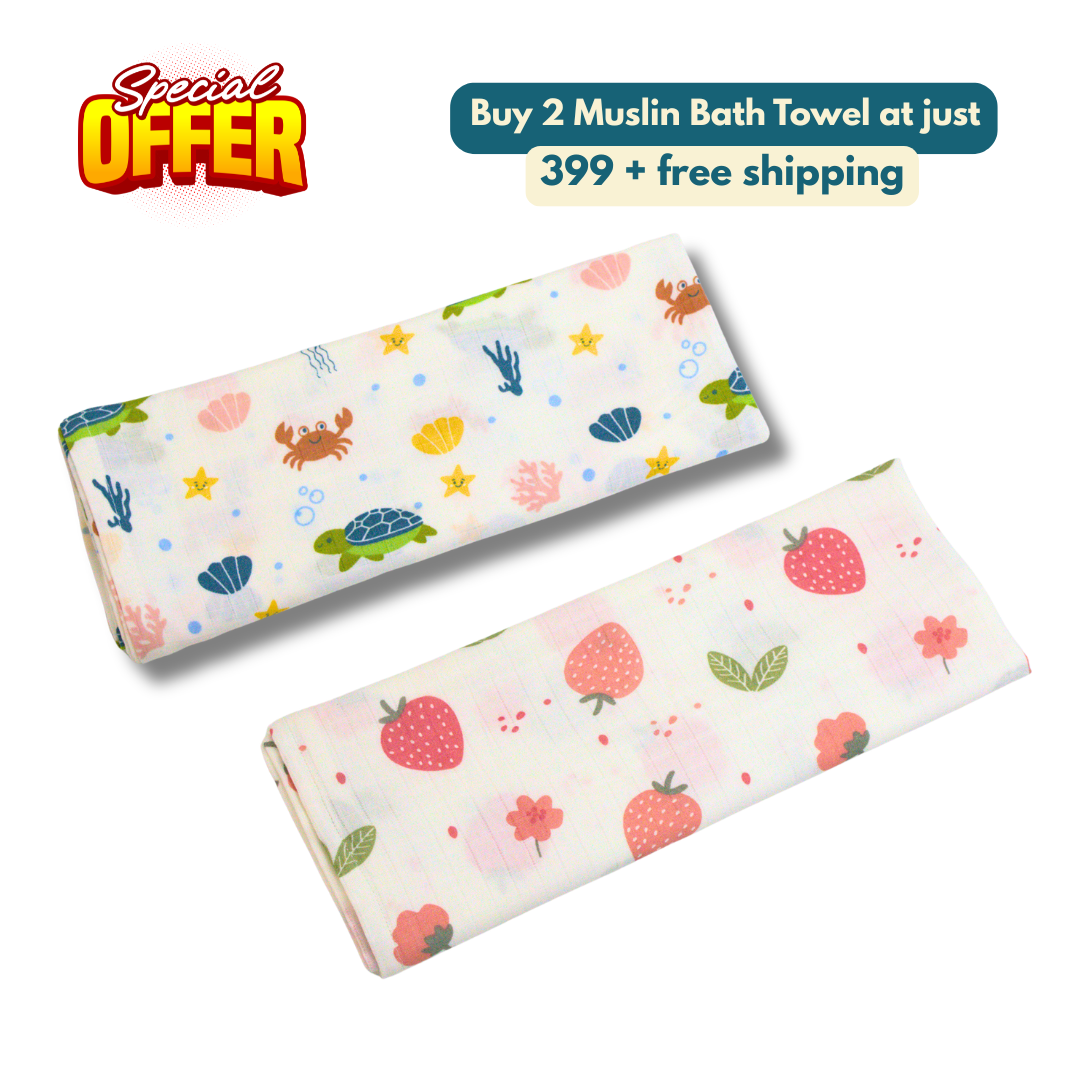 Ocean Friends & strawberry 100% Organic Muslin Baby Bath Towel (100 × 70 cm, Pack of 2)
