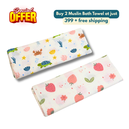 Ocean Friends & strawberry 100% Organic Muslin Baby Bath Towel (100 × 70 cm, Pack of 2)