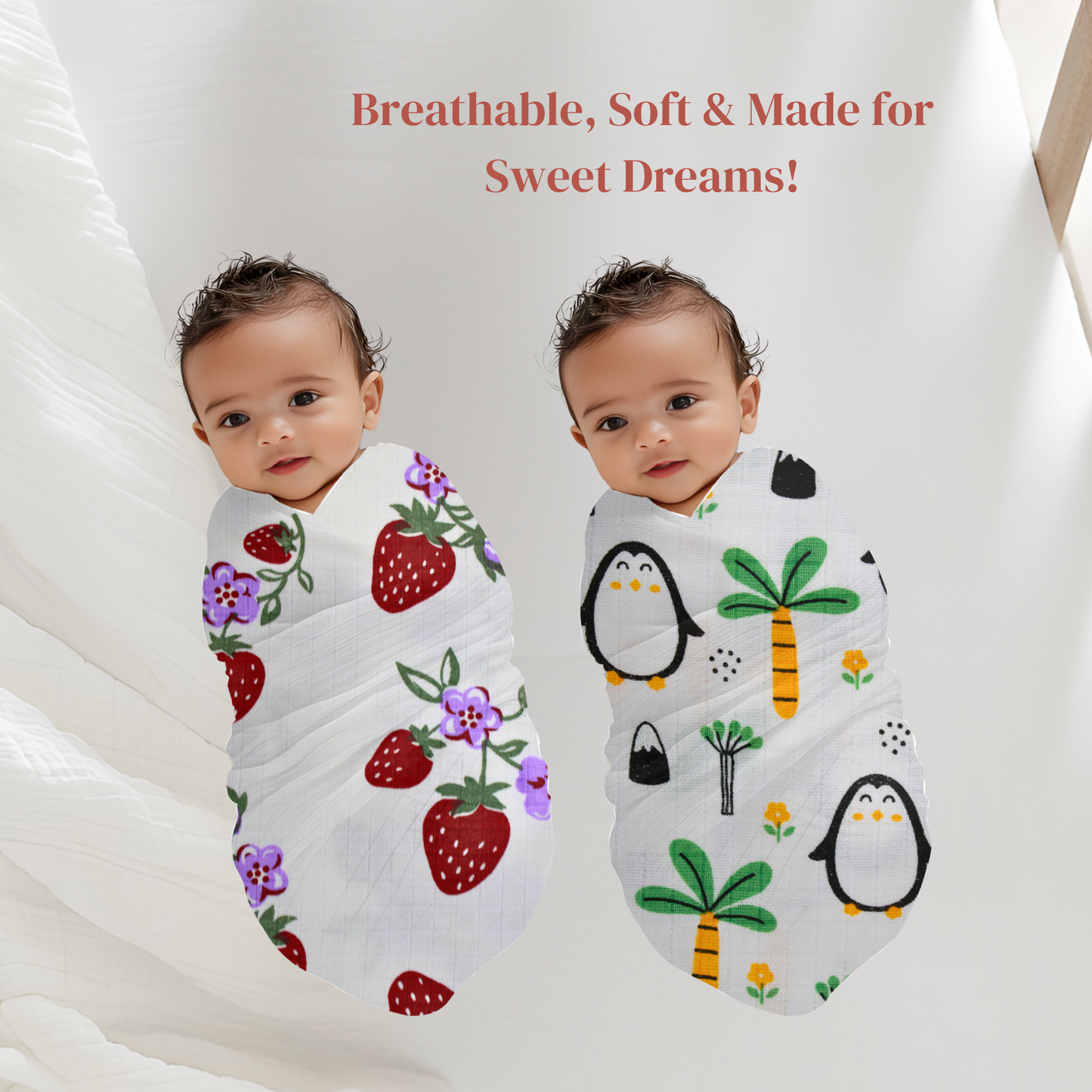 penquin & Strawberry Printed Organic & Cotton Swaddles Pack of 2, 100 x 100 cm