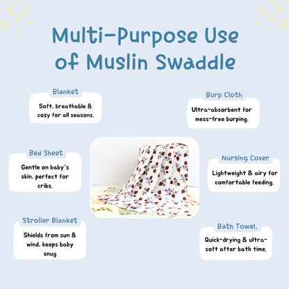 penquin & Strawberry Printed Organic & Cotton Swaddles Pack of 2, 100 x 100 cm