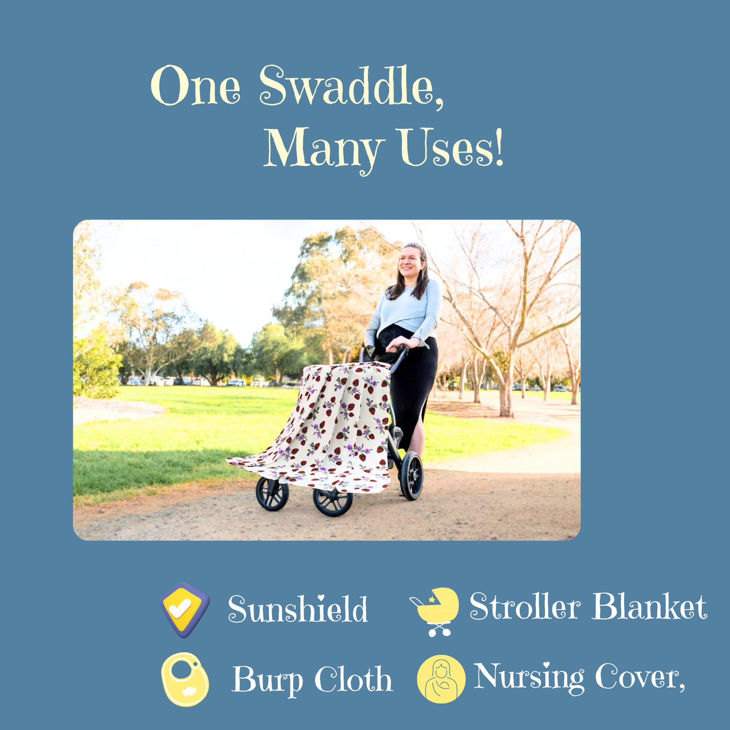 penquin & Strawberry Printed Organic & Cotton Swaddles Pack of 2, 100 x 100 cm