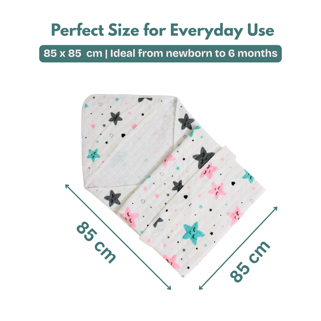 Dreamy Stars Print – Muslin Quilted Hooded Blanket with Belt | 85 x 85 cm | Pack of 1