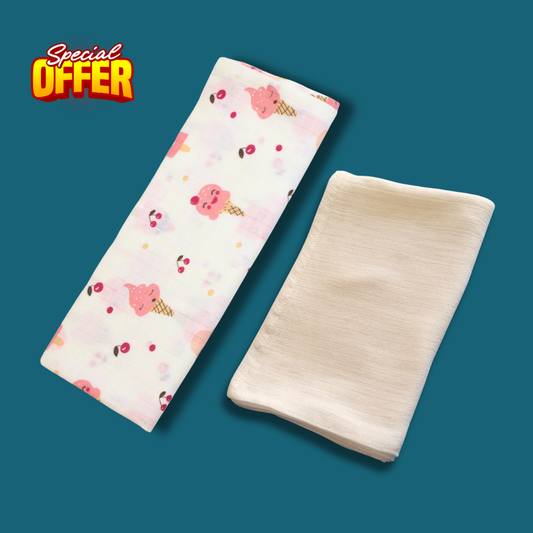 Sweet Ice Cream Baby Printed & Solid Muslin Bath Towel Combo