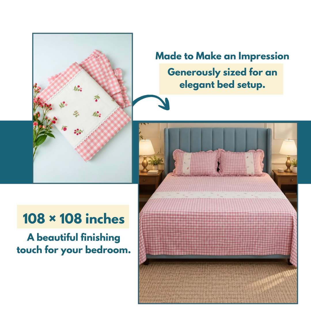 Soft Pink Pure Cotton Floral Embroidered Bedspread with Lace Border – 108 × 108 Inches