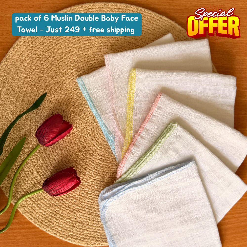 100% Organic Muslin Double layer Baby Face Towel (30 x 30 cm, Pack of 6)