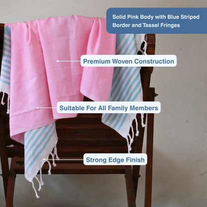 Premium Cotton Bath Towel 150 x 75 cm | Pack of 1 (Pink with Sky Blue Striped Border)