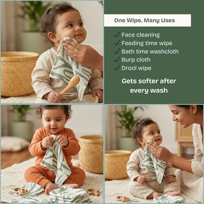 100% Muslin green leaf 4 Layer Crinkled Baby Wipes 10x10 Inch - Pack of 5