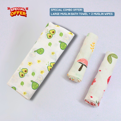 Happy Avocado Baby Muslin Towel Set (145 x 70 cm) + 2 Wipes (10x10 inch)