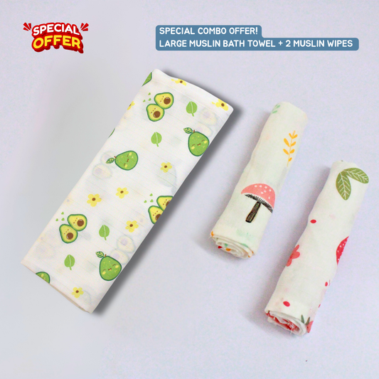 Happy Avocado Baby Muslin Towel Set (145 x 70 cm) + 2 Wipes (10x10 inch)