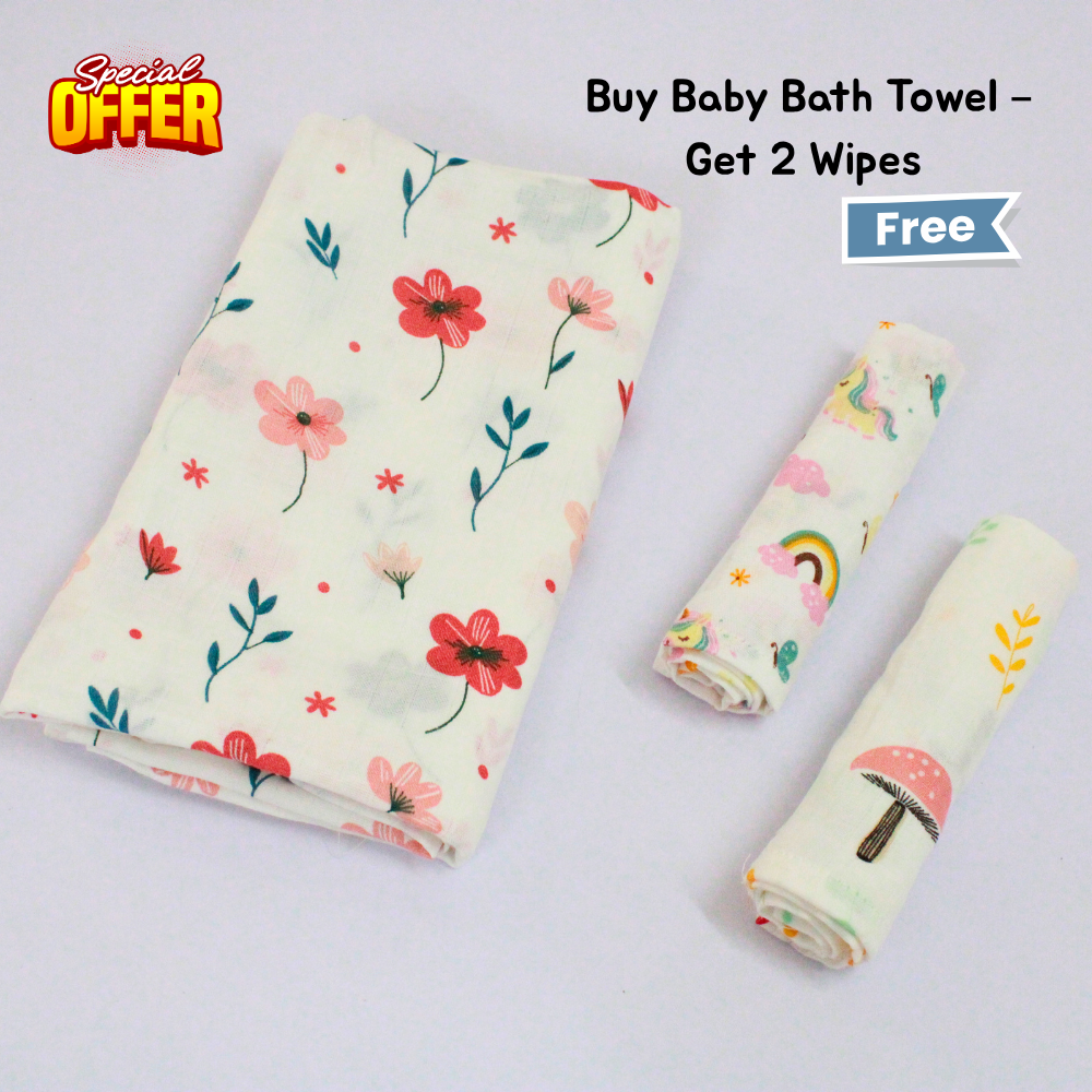 Floral Baby Muslin Towel Set (120 x 100 cm) + 2 Free Wipes (10x10 inch)