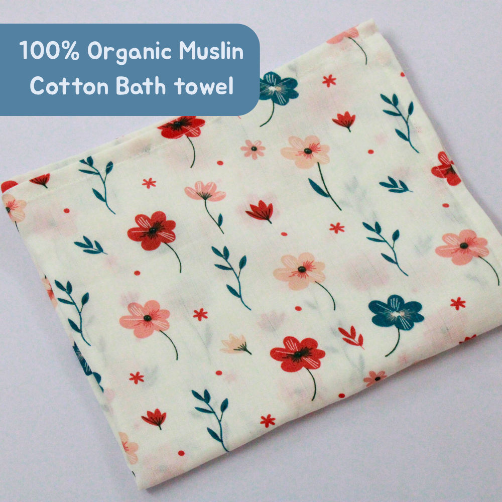 Floral Baby Muslin Towel Set (120 x 100 cm) + 2 Free Wipes (10x10 inch)