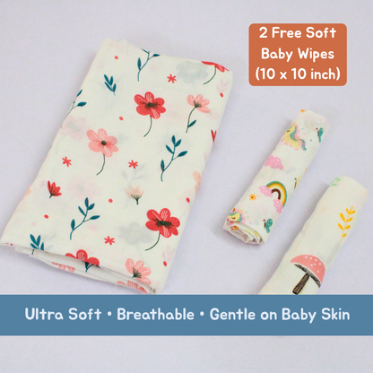 Floral Baby Muslin Towel Set (120 x 100 cm) + 2 Free Wipes (10x10 inch)