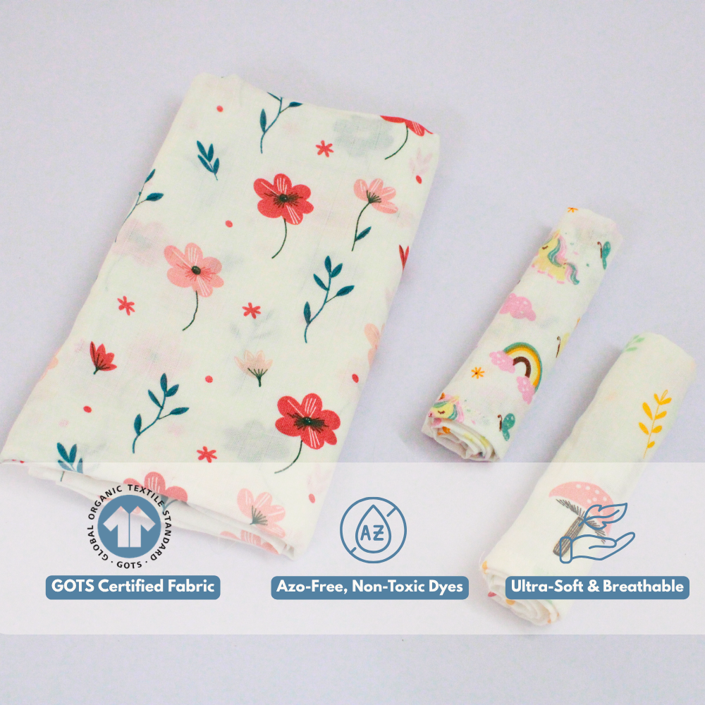Floral Baby Muslin Towel Set (120 x 100 cm) + 2 Free Wipes (10x10 inch)