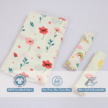 Floral Baby Muslin Towel Set (120 x 100 cm) + 2 Free Wipes (10x10 inch)