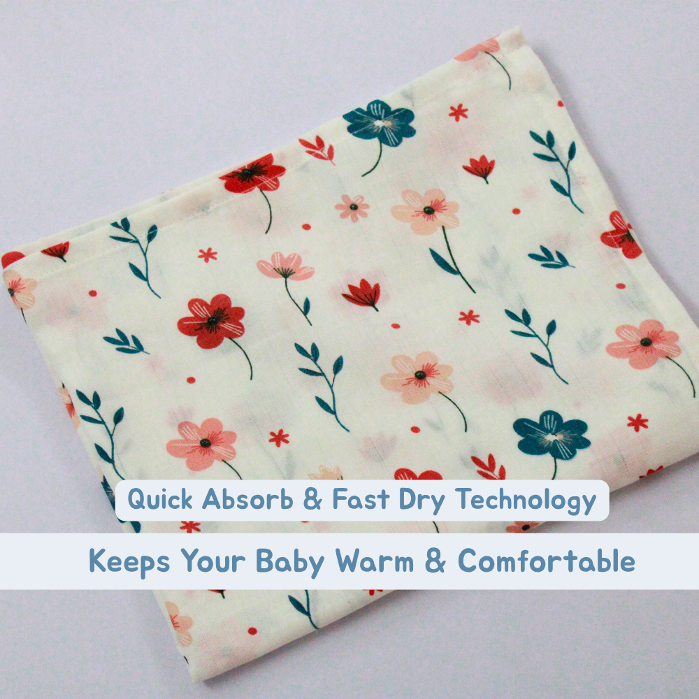Floral Baby Muslin Towel Set (120 x 100 cm) + 2 Free Wipes (10x10 inch)