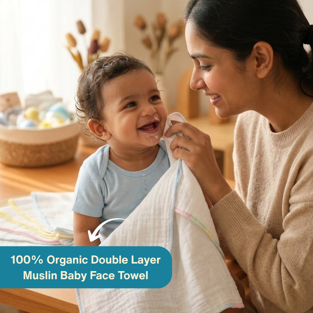 100% Organic Muslin Double layer Baby Face Towel (30 x 30 cm, Pack of 6)