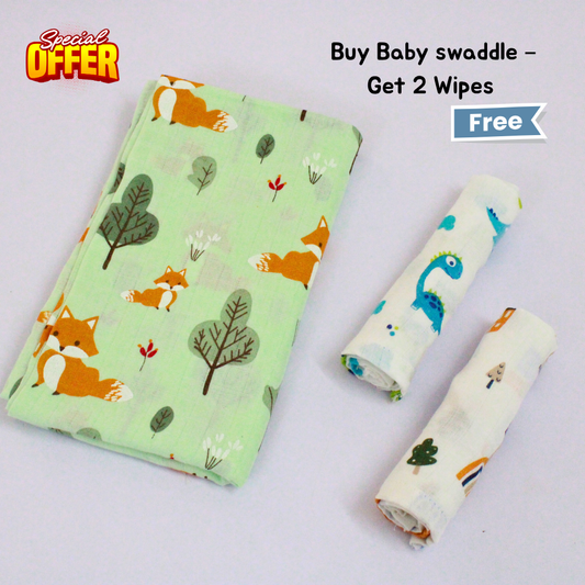 Forest Fox Baby swaddle Set (120 x 100 cm) + 2 Free Wipes (10x10 inch)
