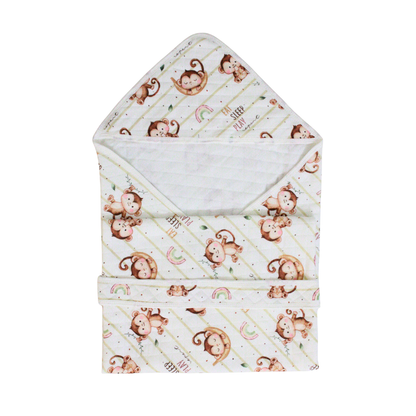 Playful Monkeys Print – Muslin Quilted Hooded Blanket with Belt | 85 x 85 cm | Pack of 1