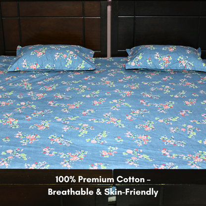 BigMoon Midnight Bloom – Blue Floral Cotton Elastic Fitted Sheet (72x78x14")
