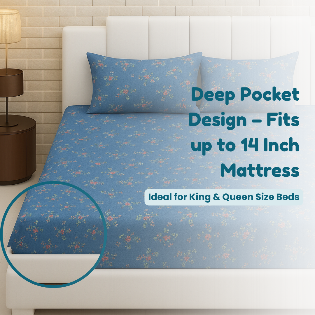 BigMoon Midnight Bloom – Blue Floral Cotton Elastic Fitted Sheet (72x78x14")