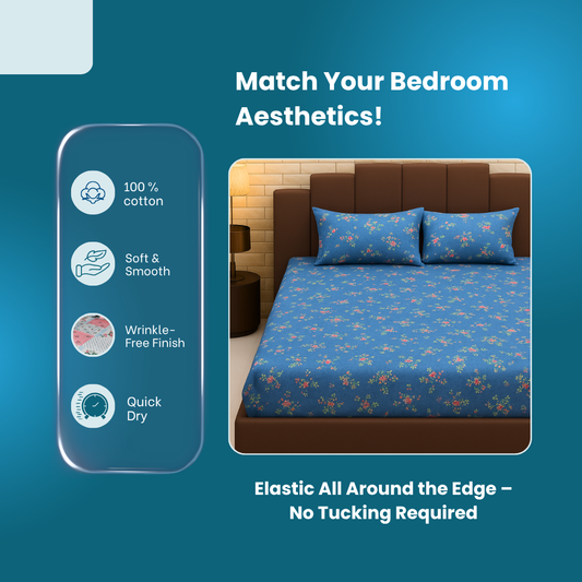 BigMoon Midnight Bloom – Blue Floral Cotton Elastic Fitted Sheet (72x78x14")