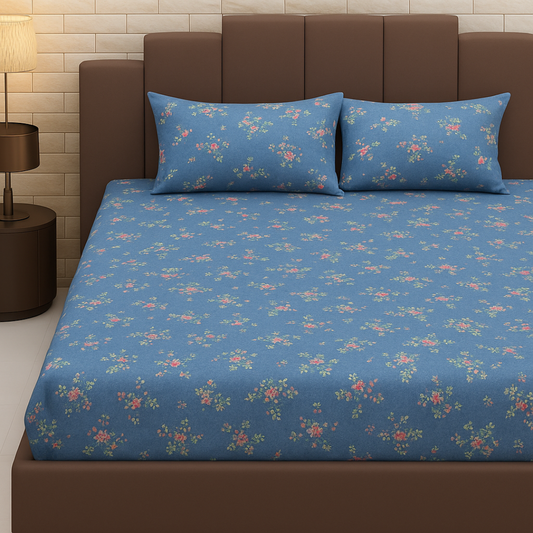 BigMoon Midnight Bloom – Blue Floral Cotton Elastic Fitted Sheet (72x78x14")