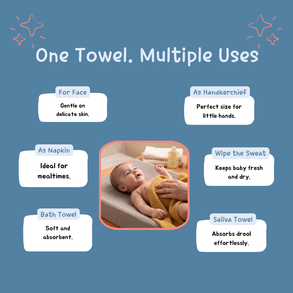 100% Organic Muslin Double layer Baby Bath Towel (50 x 50 cm, Pack of 5)