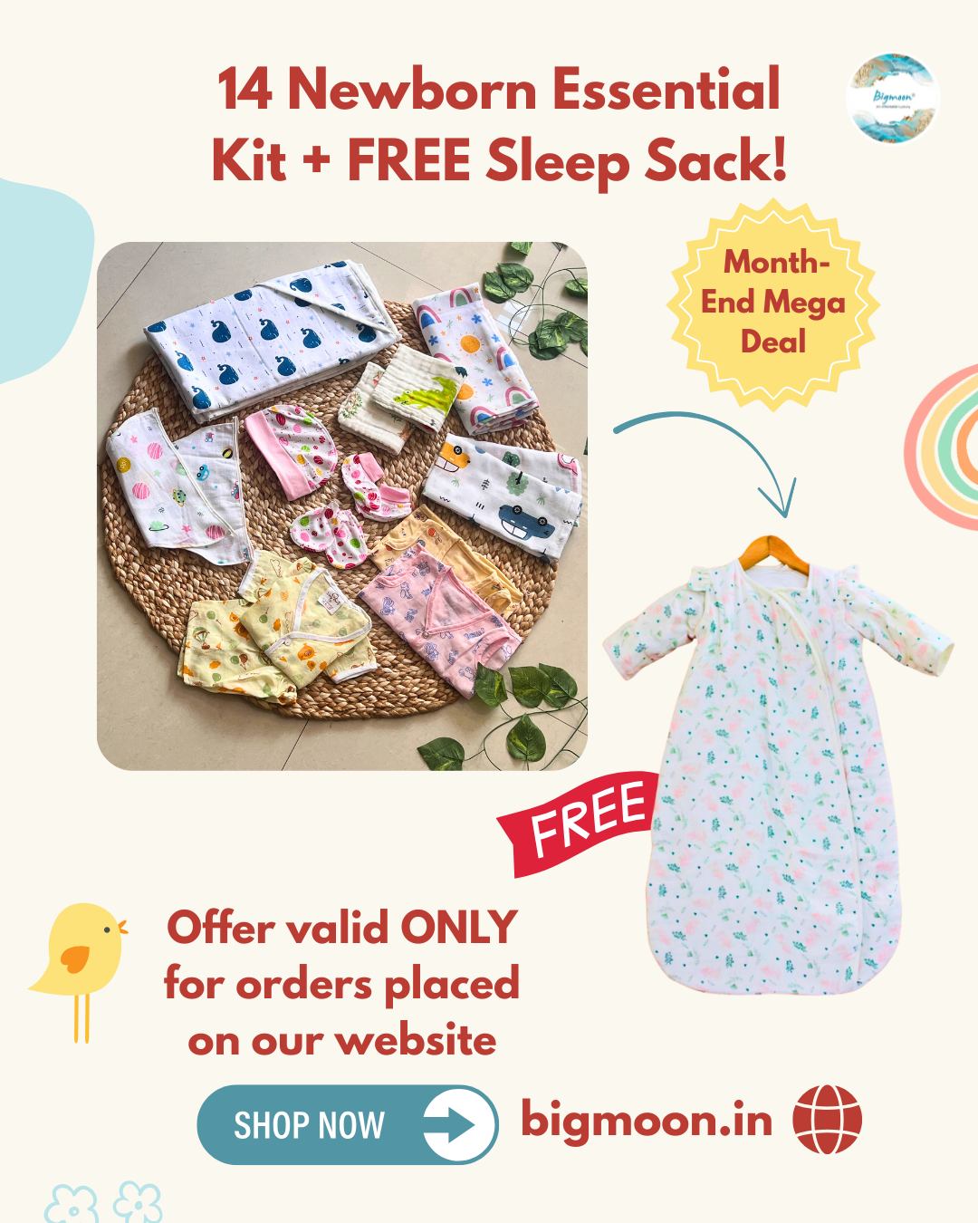 Baby Newborn Essentials Kit – 14 Organic Muslin Baby Products + free white sleep