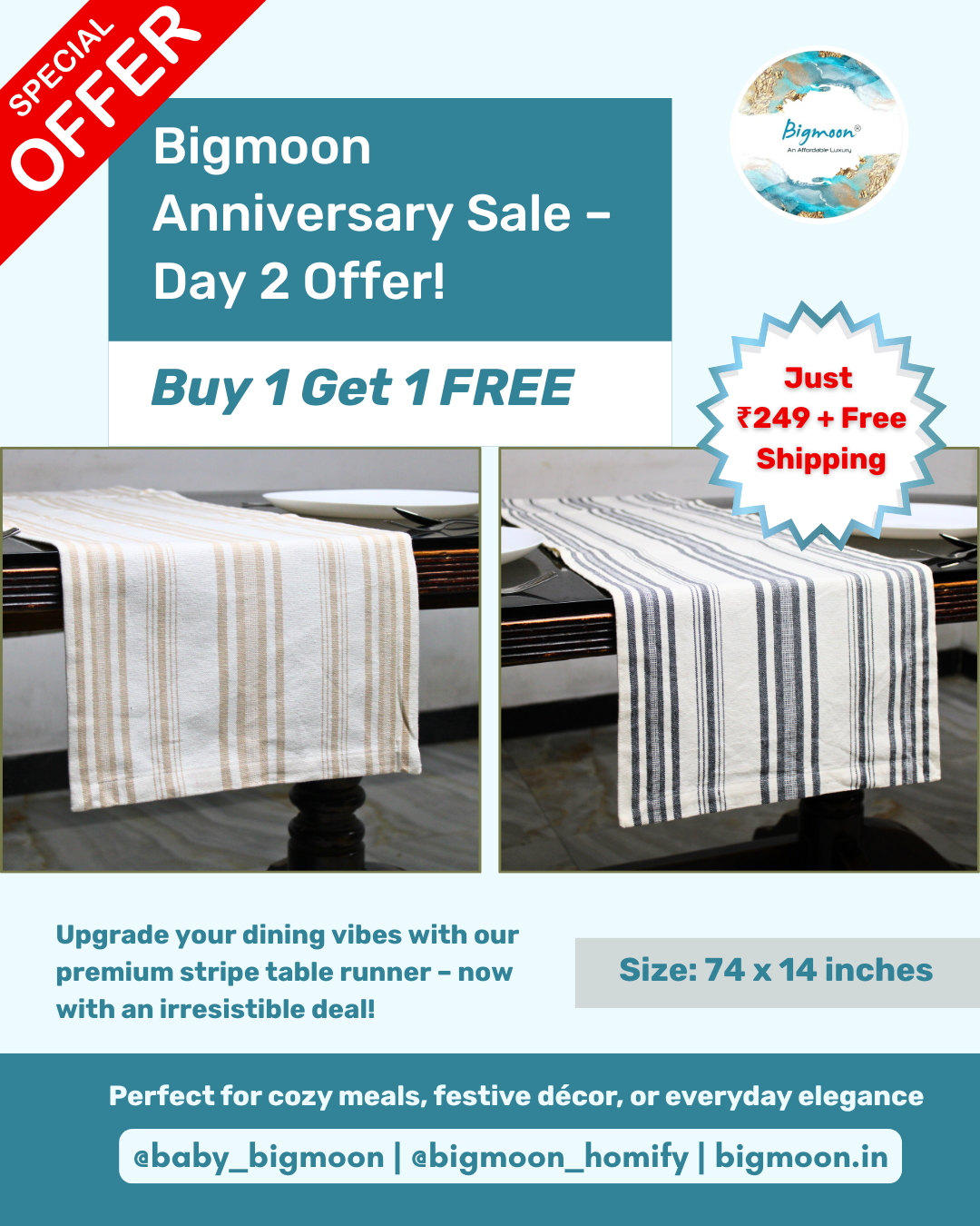 Premium Stripe Table Runner – Buy 1 Get 1 Free | Perfect for 6-Seater Dining Tables