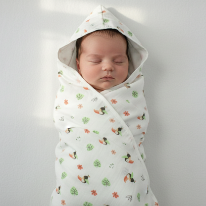 Muslin Hooded Blanket for Newborn Baby (Bird print, 75 x 75 cm, pack of 1)