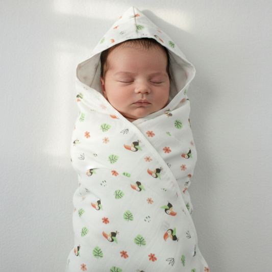 Muslin Hooded Blanket for Newborn Baby (Bird print, 75 x 75 cm, pack of 1)