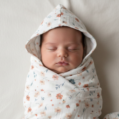 Muslin Hooded Blanket for Newborn Baby (floral print, 75 x 75 cm, pack of 1)