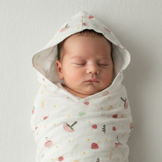 Muslin Hooded Blanket for Newborn Baby (Mushroom print, 75 x 75 cm, pack of 1)