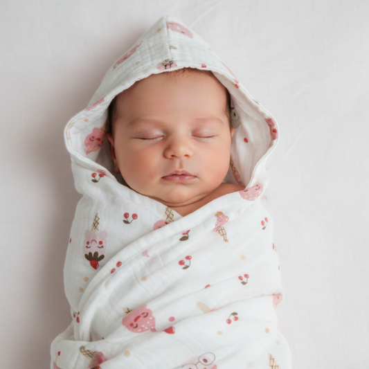 Muslin Hooded Blanket for Newborn Baby (ice cream print, 75 x 75 cm, pack of 1)