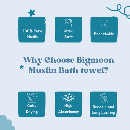 Bigmoon Organic Muslin Baby Bath Towel (100 × 70 cm) with 5 Free Baby Wipes