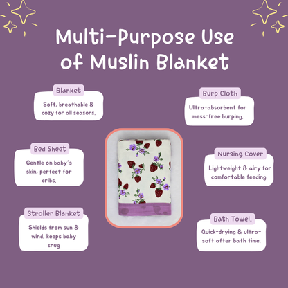 Organic Muslin Reversible Baby Blanket – 6-Layer Cotton Blanket for Newborns (105 x 105 cm, Strawberry Print)
