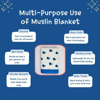Bigmoon Organic Muslin Reversible Baby Blanket – 6-Layer Soft Cotton Blanket for Newborns, Boys & Girls (105 x 105 cm, Shark,Penquin Print)