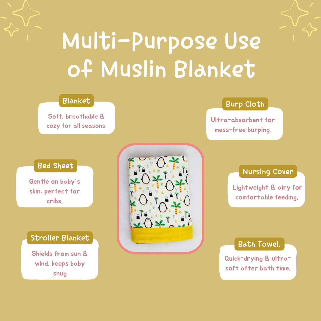 Bigmoon Organic Muslin Reversible Baby Blanket – 6-Layer Soft Cotton Blanket for Newborns, Boys & Girls (105 x 105 cm, Elephant Print)