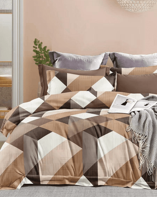 Bigmoon All-Round Elastic Fitted Sheet with Pillow Covers – Caramel Cube Geo 72x78x14 inch