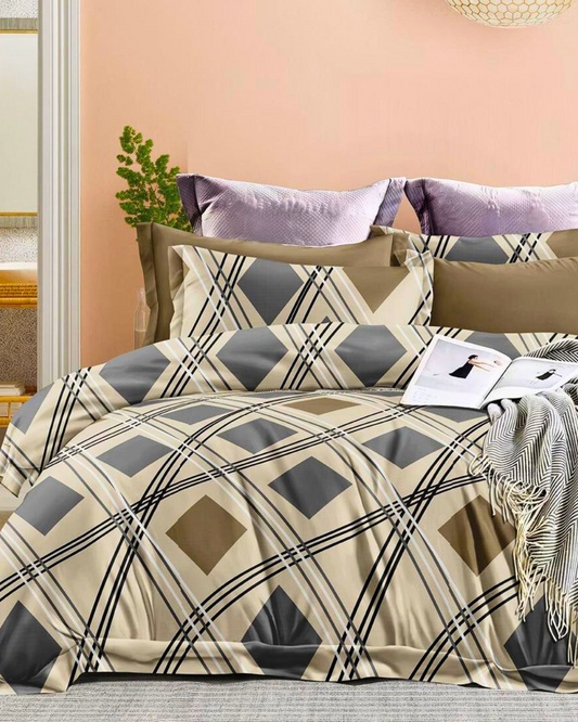 Bigmoon All-Round Elastic Fitted Sheet with Pillow Covers – Mustard Grey Leafy – 72x78x14 inch