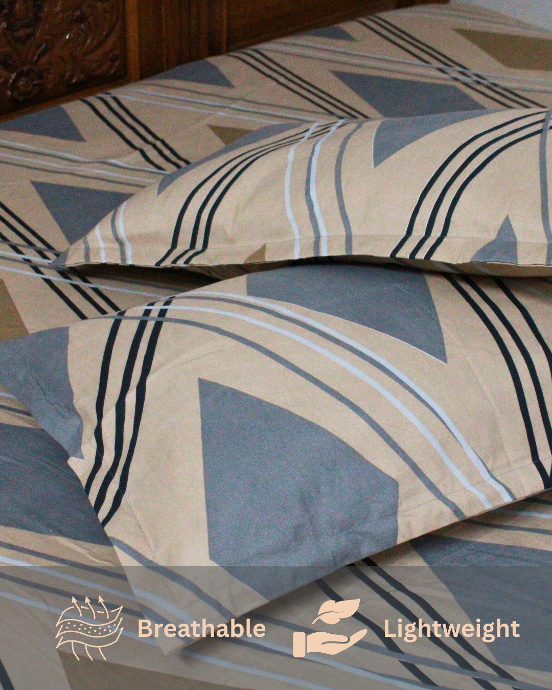 Bigmoon All-Round Elastic Fitted Sheet with Pillow Covers – Mustard Grey Leafy – 72x78x14 inch