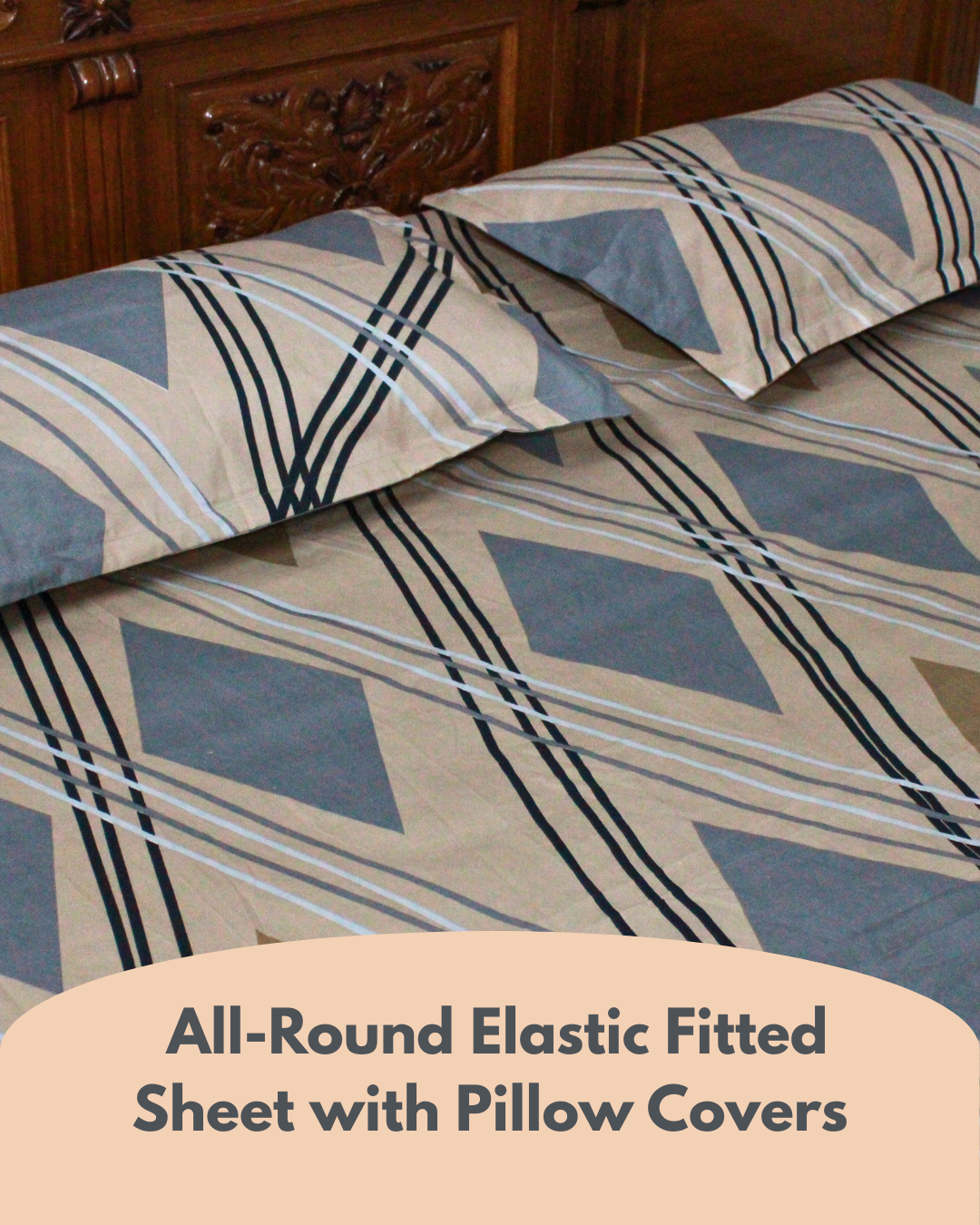 Bigmoon All-Round Elastic Fitted Sheet with Pillow Covers – Mustard Grey Leafy – 72x78x14 inch