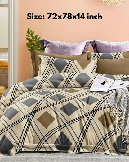 Bigmoon All-Round Elastic Fitted Sheet with Pillow Covers – Mustard Grey Leafy – 72x78x14 inch
