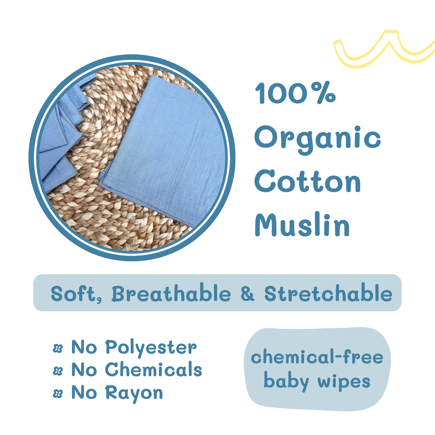 BIGMOON Muslin Cotton Baby wipes - 12 x 12 inch pack of 6