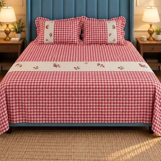 cherry Red Pure Cotton Floral Embroidered Bedspread with Lace Border – 108 × 108 Inches