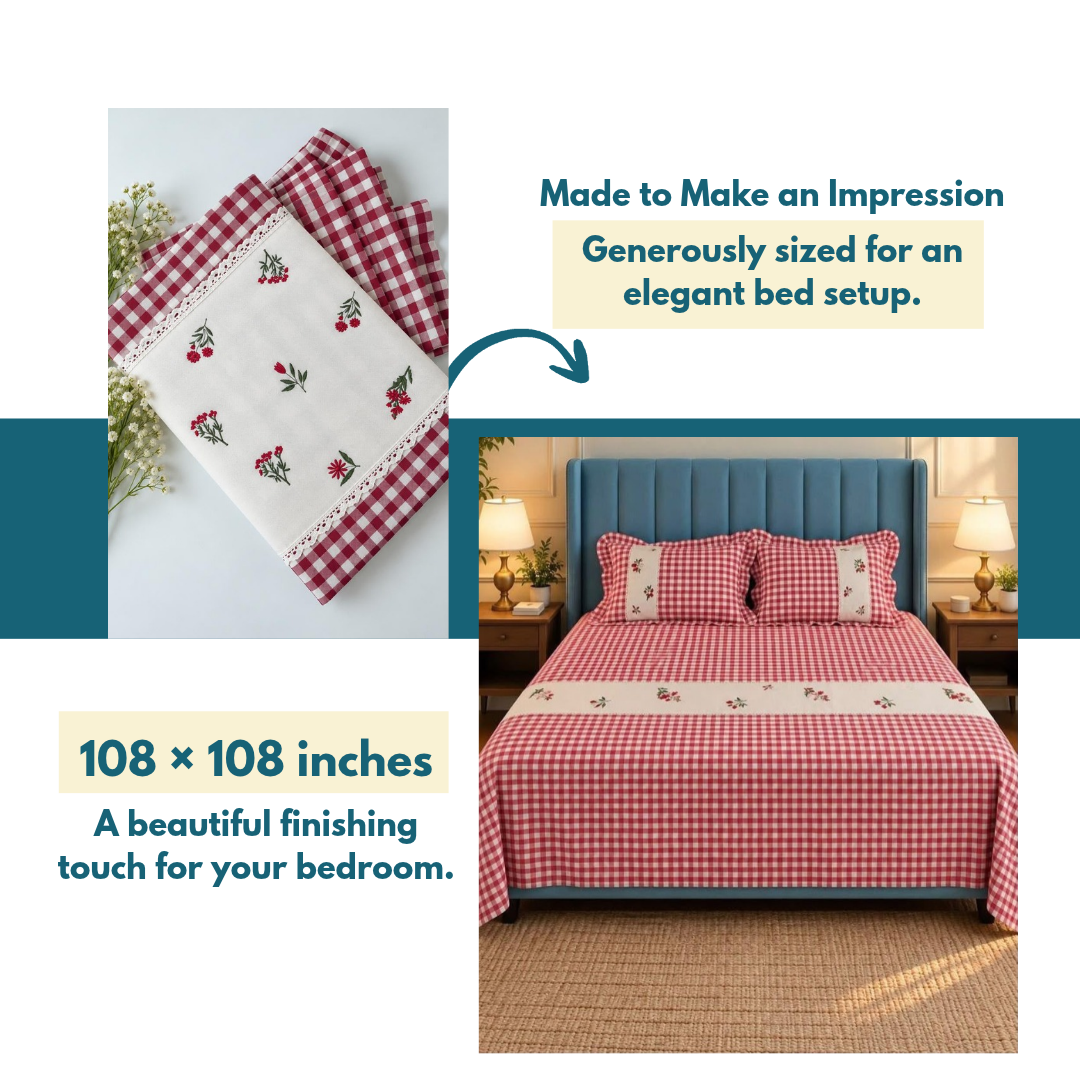 cherry Red Pure Cotton Floral Embroidered Bedspread with Lace Border – 108 × 108 Inches