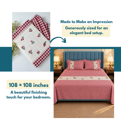 cherry Red Pure Cotton Floral Embroidered Bedspread with Lace Border – 108 × 108 Inches